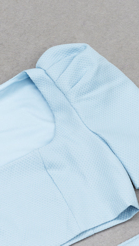 SQUARE NECK PUFF SLEEVE TOP WRAP HEM SKIRT SUIT