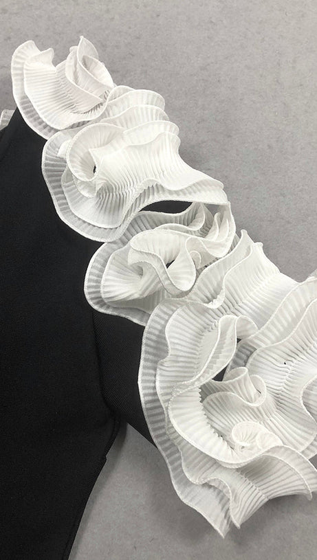 WHITE FLOWER EMBELLISHED STRAPLESS BLACK  MIDI DRESS