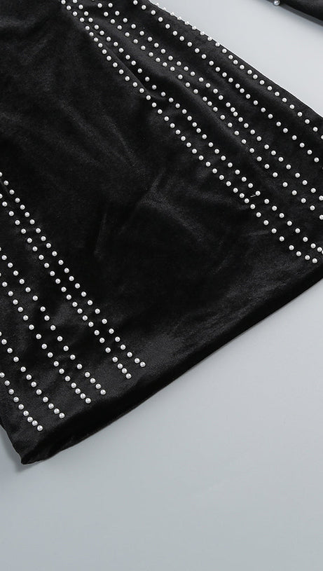 MINI ABITO IN VELLUTO PERLATO A MANICHE LUNGHE AGNES MOCK NERO