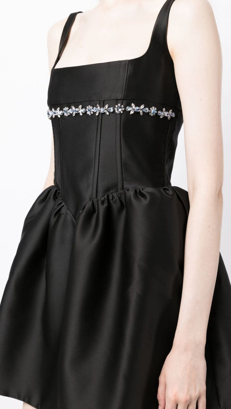 CRYSTAL-EMBELLISHED SQUARE-NECK MINI DRESS IN BLACK