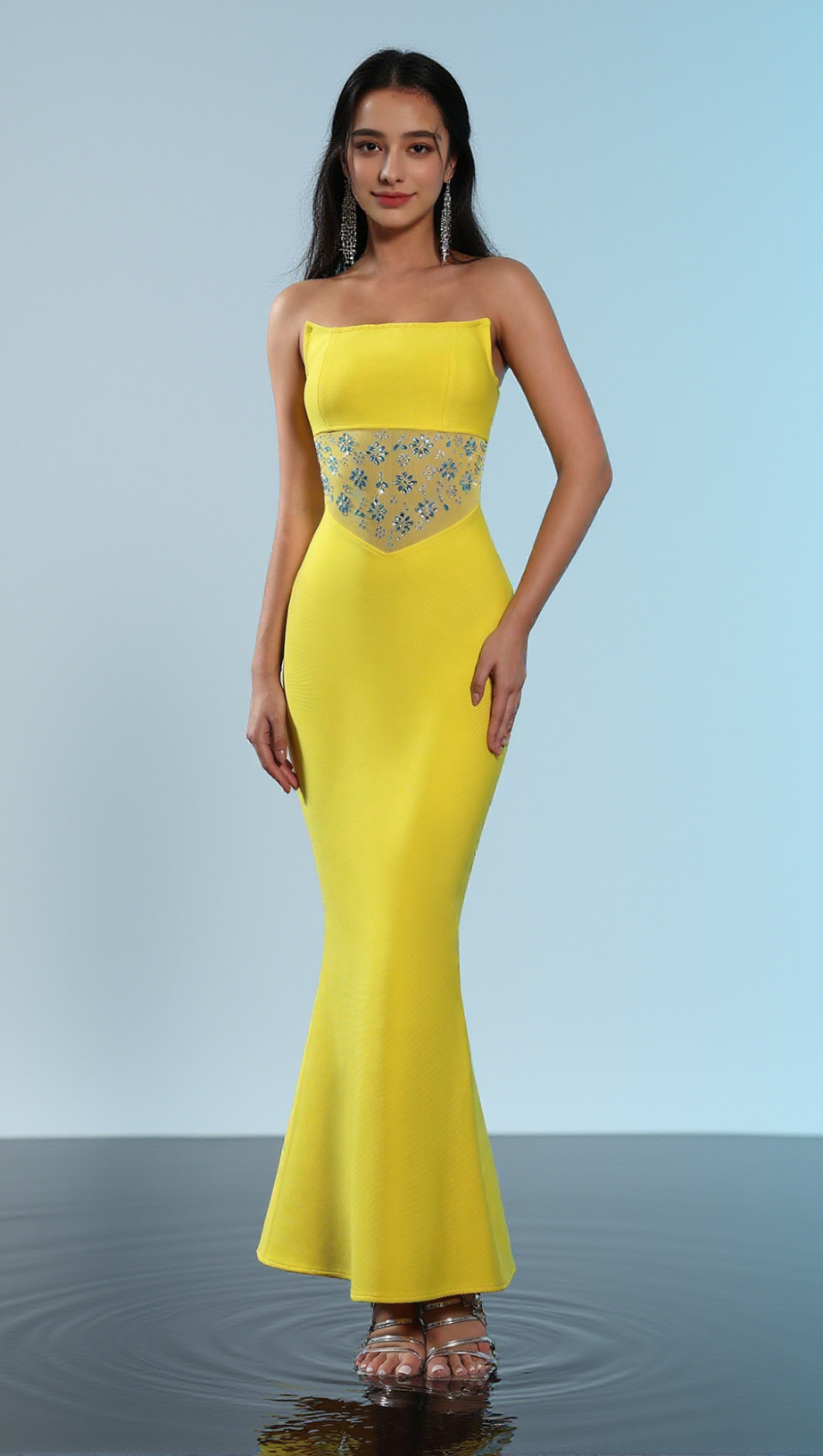 MESH SPLICE RHINESTONE DECOR YELLOW MAXI BANDAGE DRESS