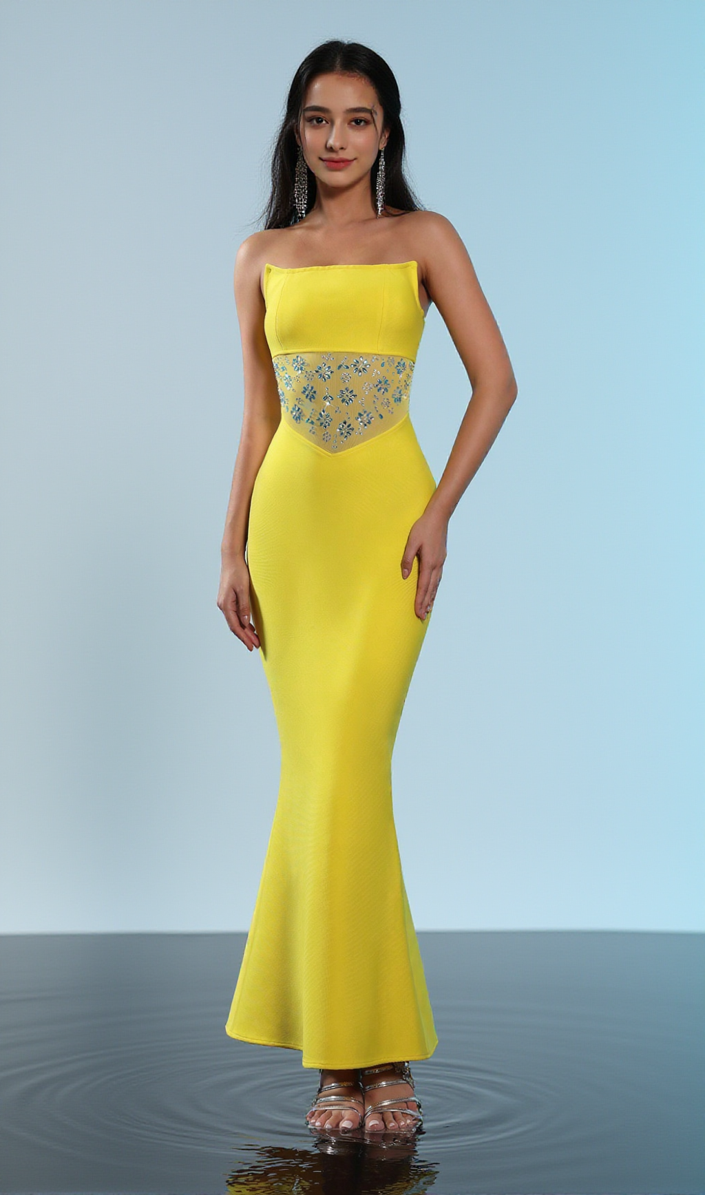 MESH SPLICE RHINESTONE DECOR YELLOW MAXI BANDAGE DRESS