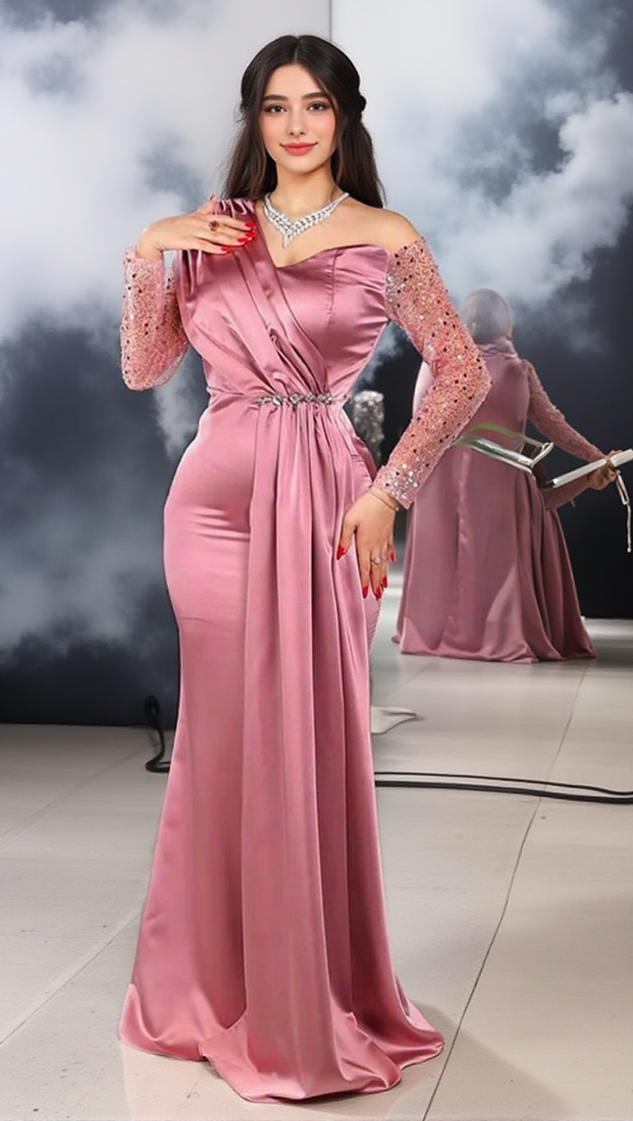 MAXI ABITO NOELIA CON RUCHES MANICHE LUNGHE