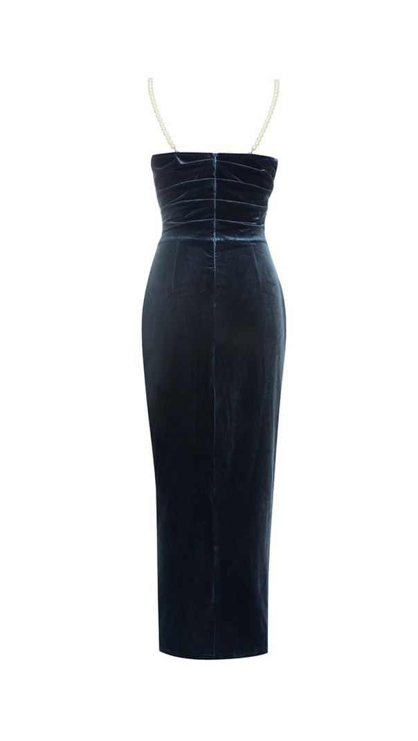 AIIZIE NAVY BEADLESS STRAPLESS VELVET BACKLESS PLEATED MIDI DRESS - product image