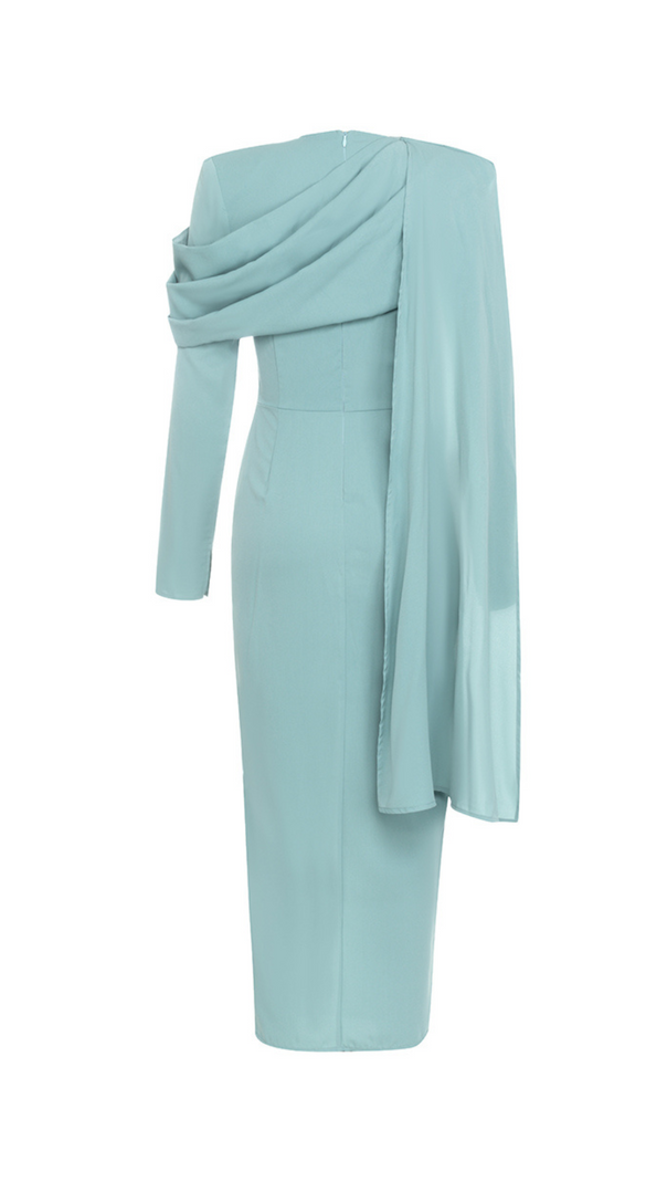 AIIZIE GRAY AND BLUE SINGLE-BREASTED BUTTON LONG-SLEEVED FRILL V-NECK RIBBON MIDI DRESS - product image
