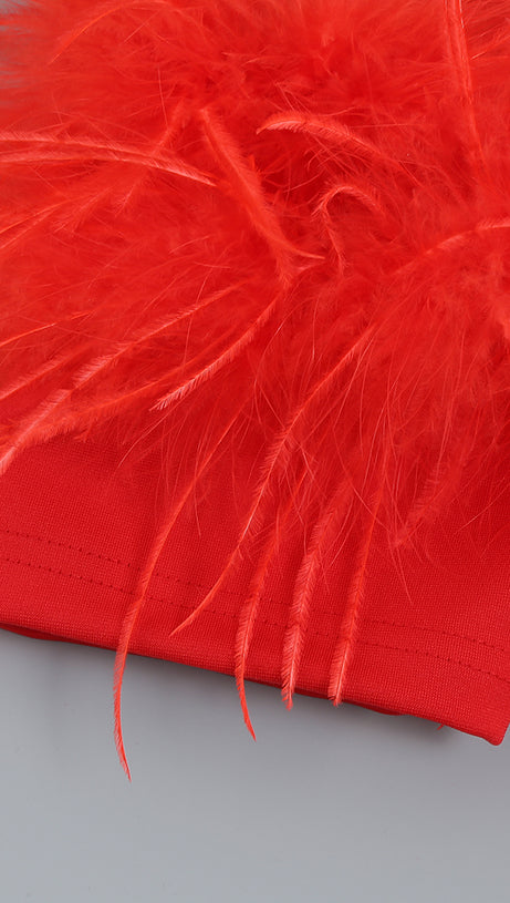 OFF-SHOULDER FEATHER PANEL RED DRESS