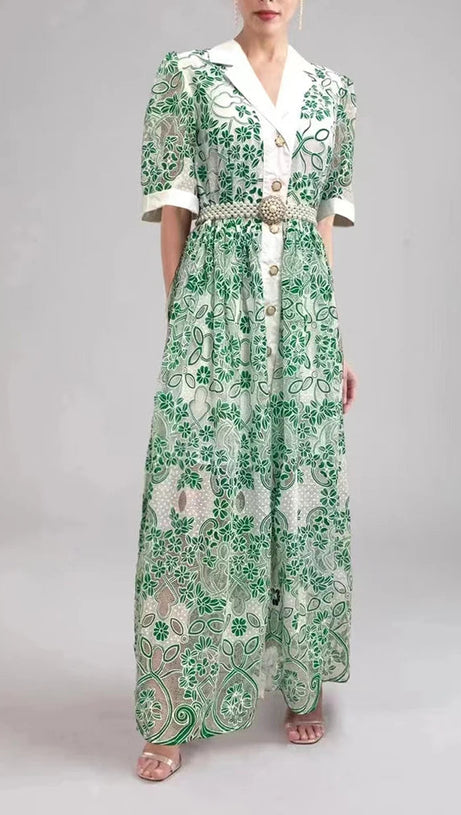 V NECK SPLICED BELTS EMBROIDERY MIDI DRESS IN GREEN