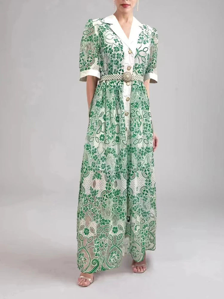 AIIZIE V NECK SPLICED BELTS EMBROIDERY MIDI DRESS IN GREEN - product image
