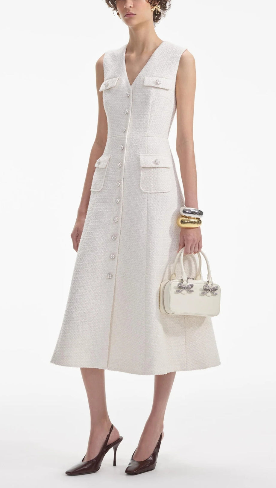 CREAM TINSEL BOUCLE BUTTONED MIDI DRESS