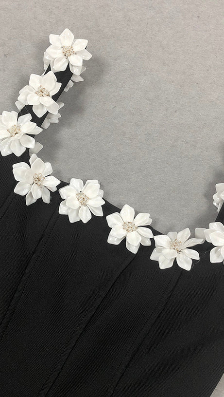 ZENOBIA FLOWER EMBELLISHED BLACK MINI DRESS