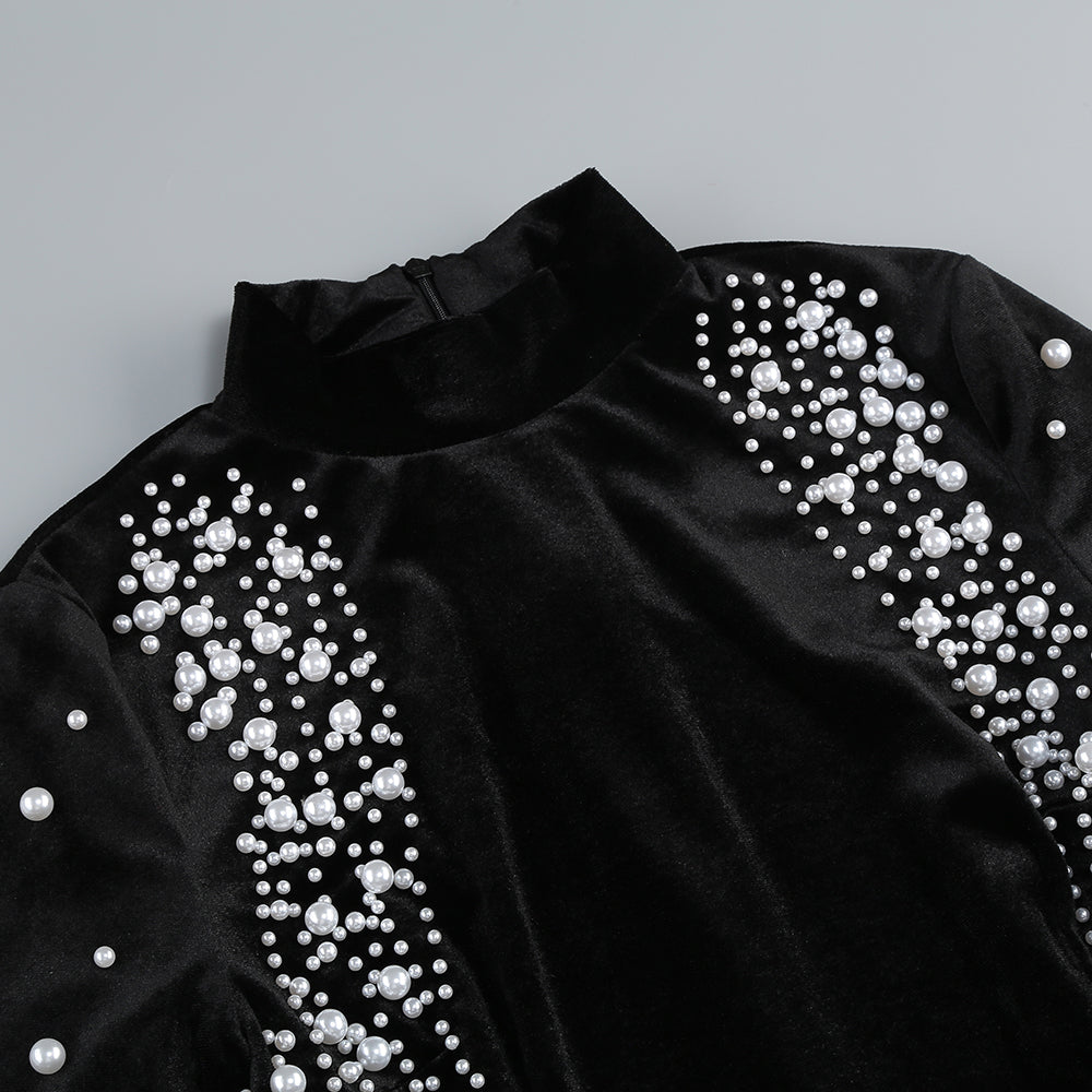 AGNES MOCK LONG SLEEVE PEARL VELVET MINI DRESS IN BLACK