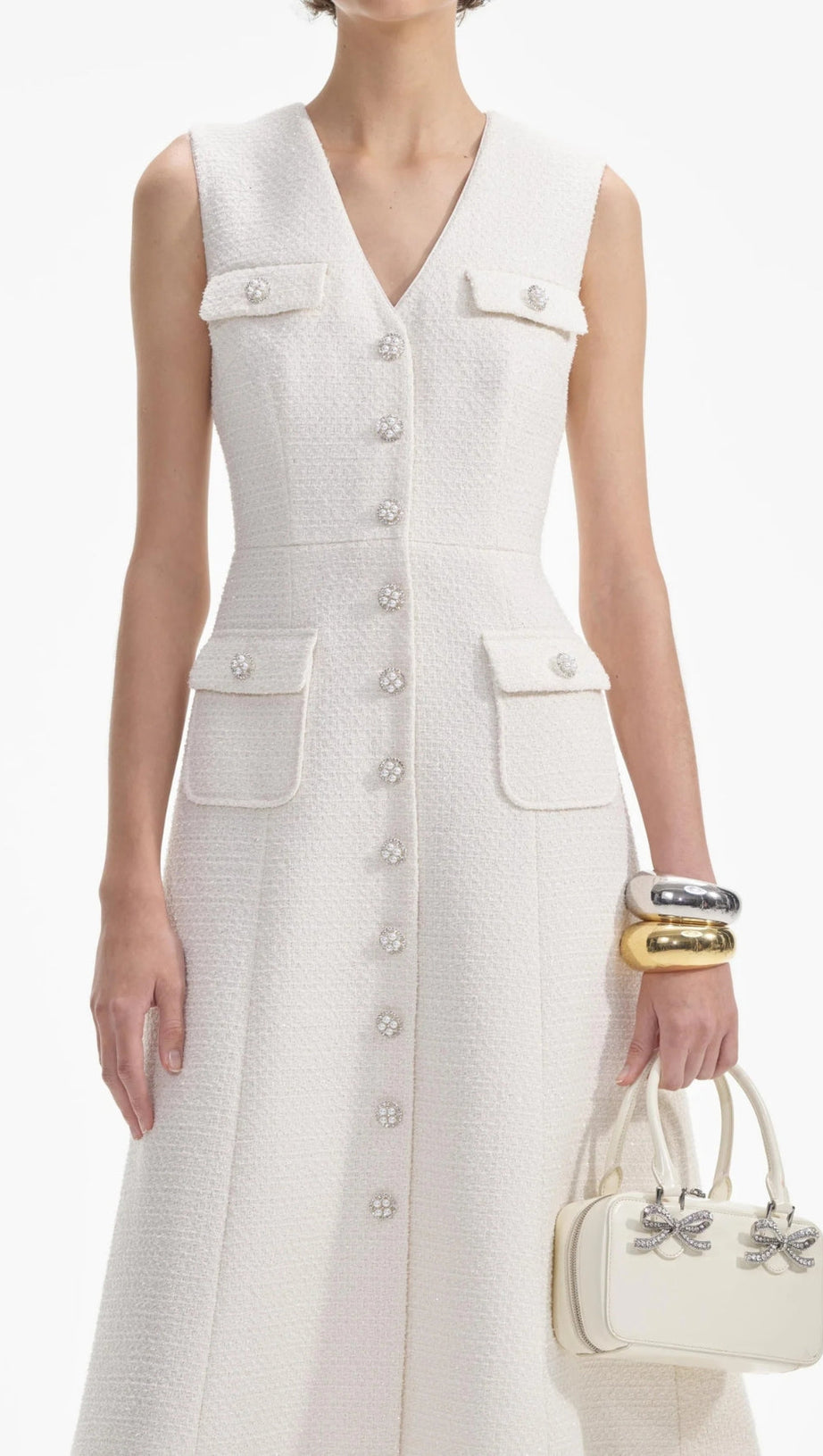 CREAM TINSEL BOUCLE BUTTONED MIDI DRESS