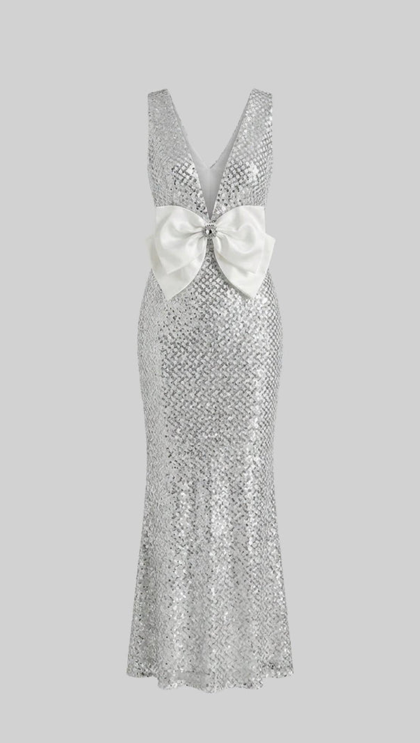 Sequin Maxi Dress With Satin Bow Detail - Light Grey