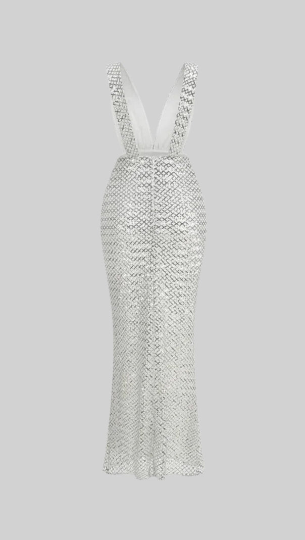 Sequin Maxi Dress With Satin Bow Detail - Light Grey