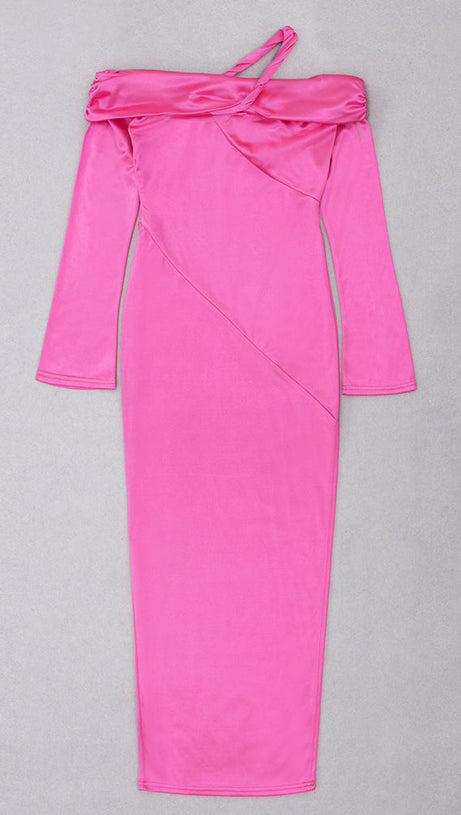 OFF-SHOULDER SATIN COCKTAIL DRESS IN HOT PINK