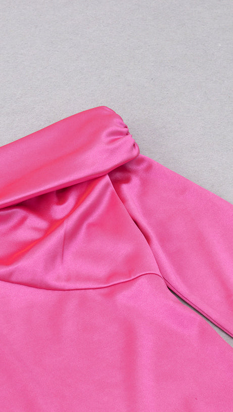OFF-SHOULDER SATIN COCKTAIL DRESS IN HOT PINK