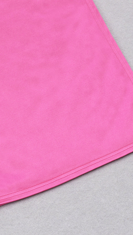 OFF-SHOULDER SATIN COCKTAIL DRESS IN HOT PINK