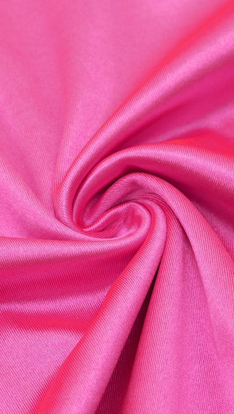 OFF-SHOULDER SATIN COCKTAIL DRESS IN HOT PINK