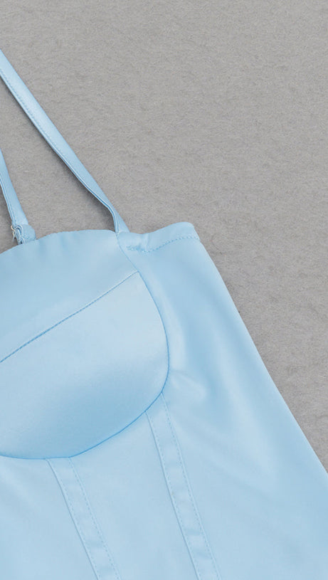 STRAP MIDI DRESS WITH RUFFLED HEMLINE IN BLUE