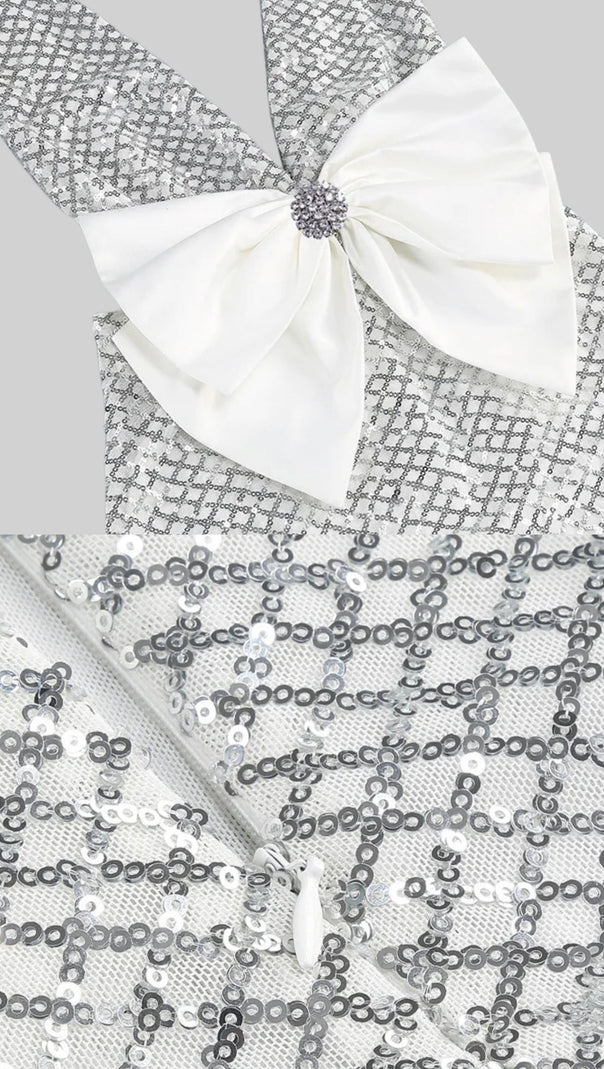 Sequin Maxi Dress With Satin Bow Detail - Light Grey