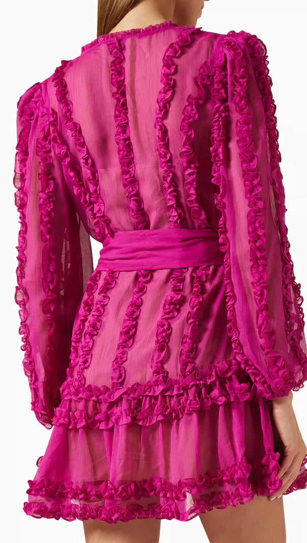 Lara Chiffon-Minikleid mit Blumensaum in Rosarot
