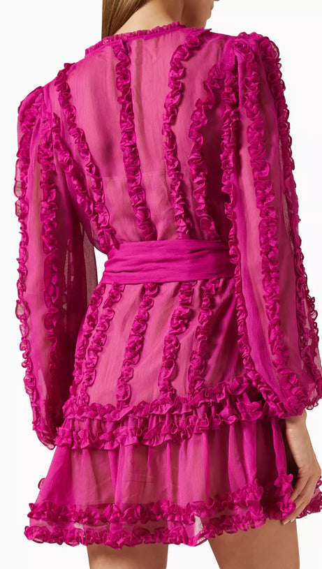 LARA CHIFFON FLOWER HEM MINI DRESS IN ROSE RED