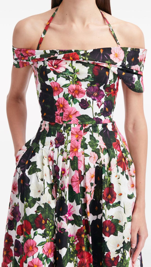 AIIZIE MULTICOLOR OFF-SHOULDER PLEATED FLORAL-PRINT COTTON-BLEND POPLIN DRESS - product image