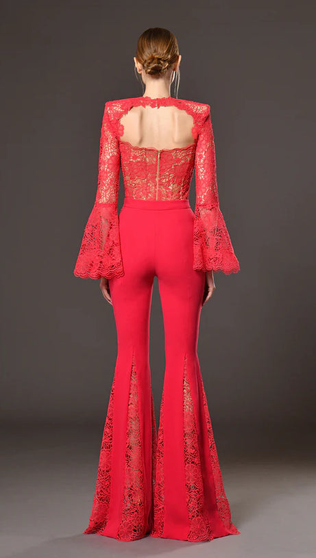 LACE-EMBELLISHED TRUMPET SLEEVE JUMPSUITS IN RED
