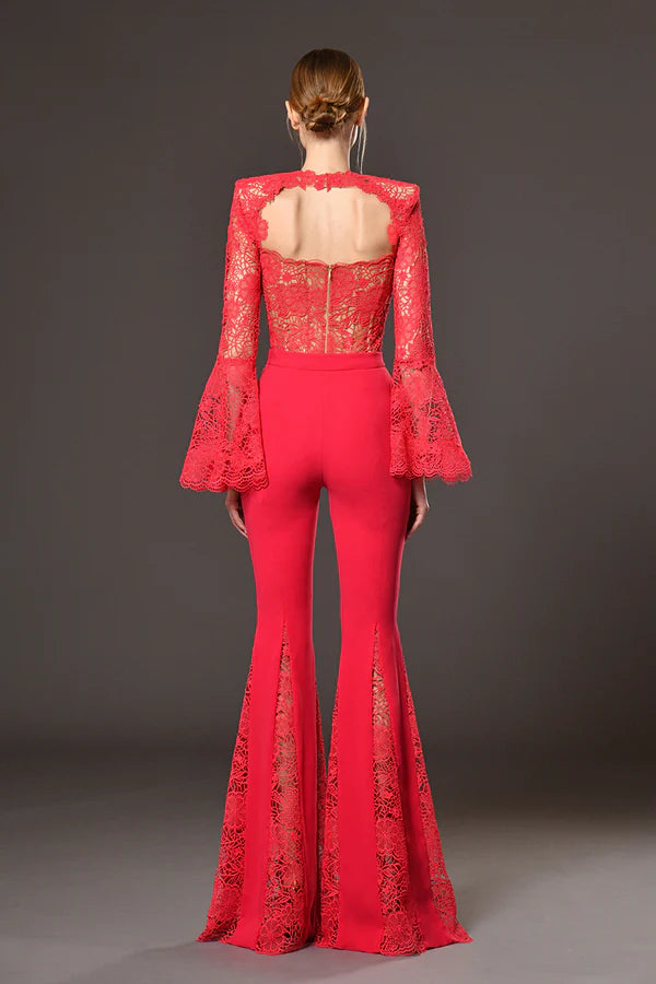 AIIZIE LACE-EMBELLISHED TRUMPET SLEEVE JUMPSUITS IN RED - product image