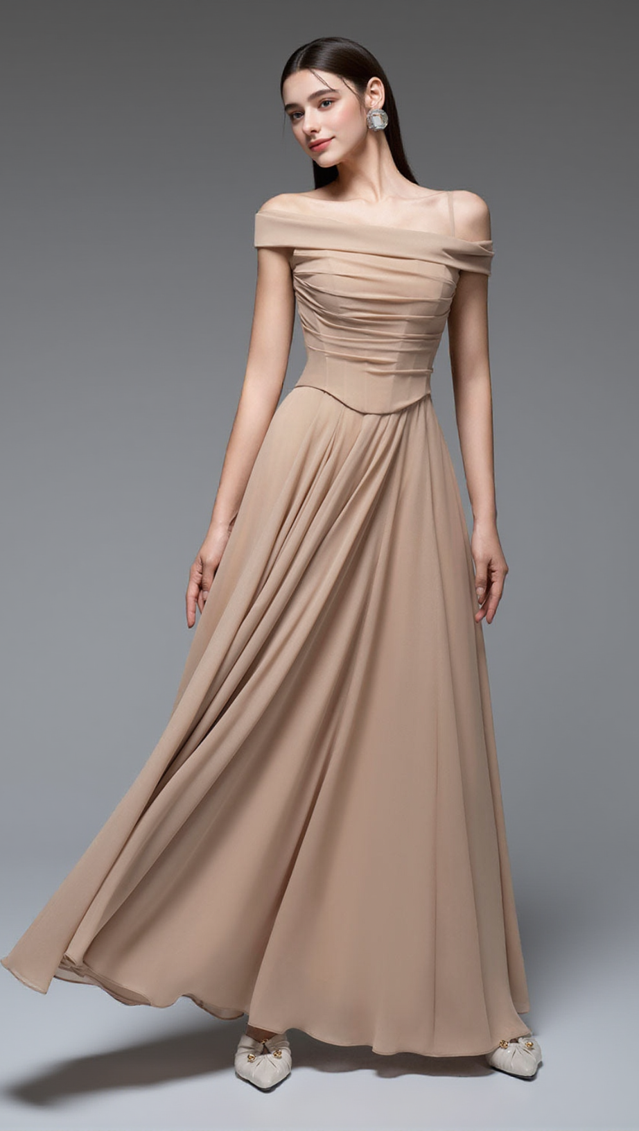 ABITO LUNGO IN CHIFFON DRAPPEGGIATO A TRAPEZIO COLOR NUDE