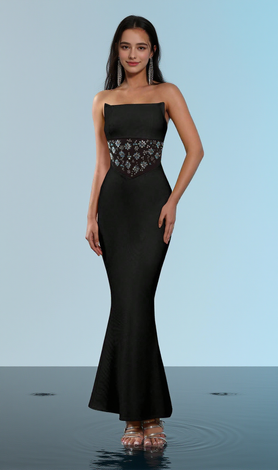 Schwarzes Maxi-Bandagekleid mit Mesh-Splice und Strass-Dekor