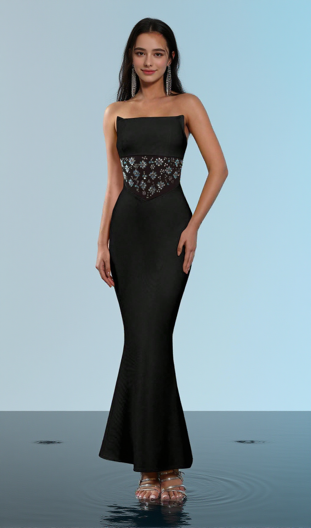 MESH SPLICE RHINESTONE DECOR BLACK MAXI BANDAGE DRESS