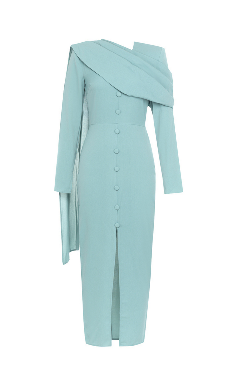 ABITO MIDI GRIGIO E BLU MONOPETTO CON BOTTONI, MANICHE LUNGHE, VOLANT, SCOLLO A V E NASTRO