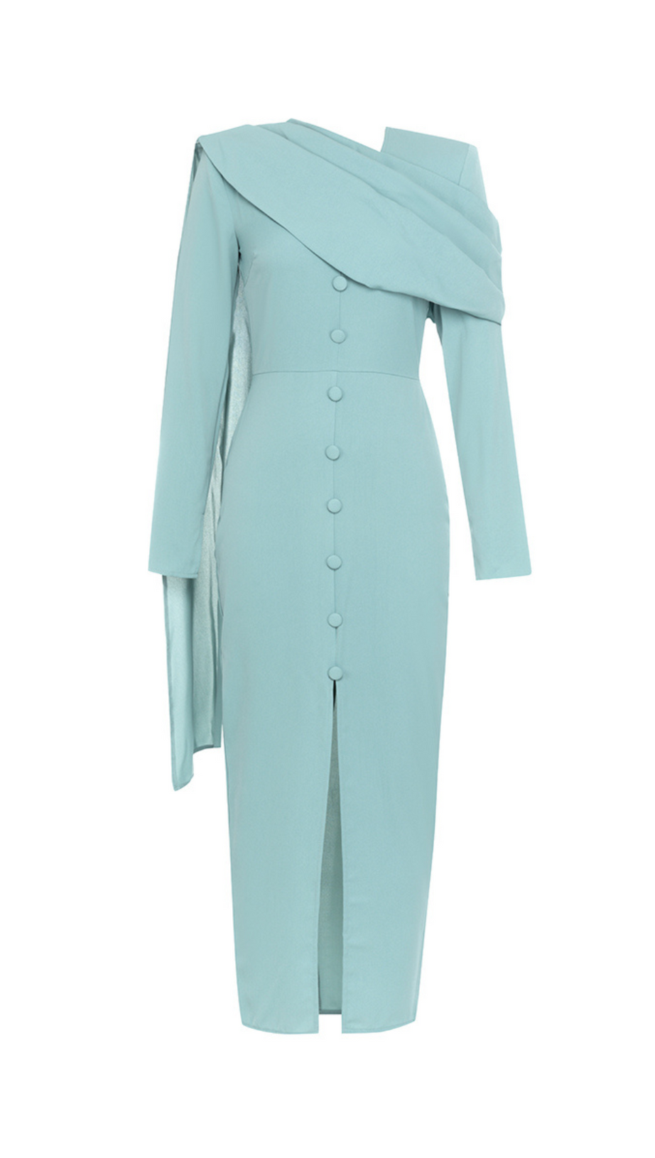 GRAU-BLAUES EINREIHIGES MIDIKLEID MIT KNOPFVERSCHLUSS, LANGÄRMELN, RÜSCHEN UND V-AUSSCHNITT