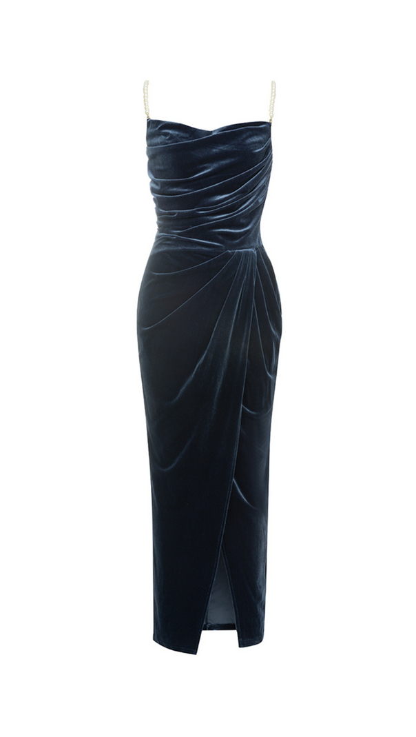 AIIZIE NAVY BEADLESS STRAPLESS VELVET BACKLESS PLEATED MIDI DRESS - product image