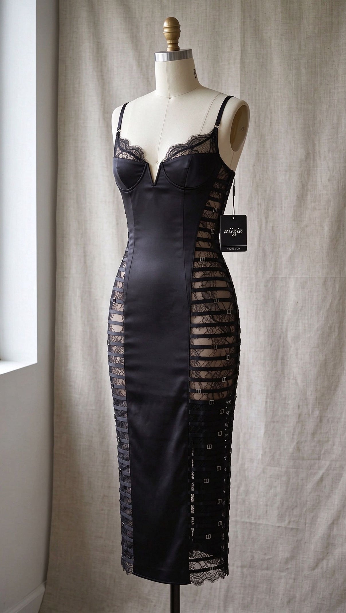 Black Satin Sheath Dress with Lace Side Panels