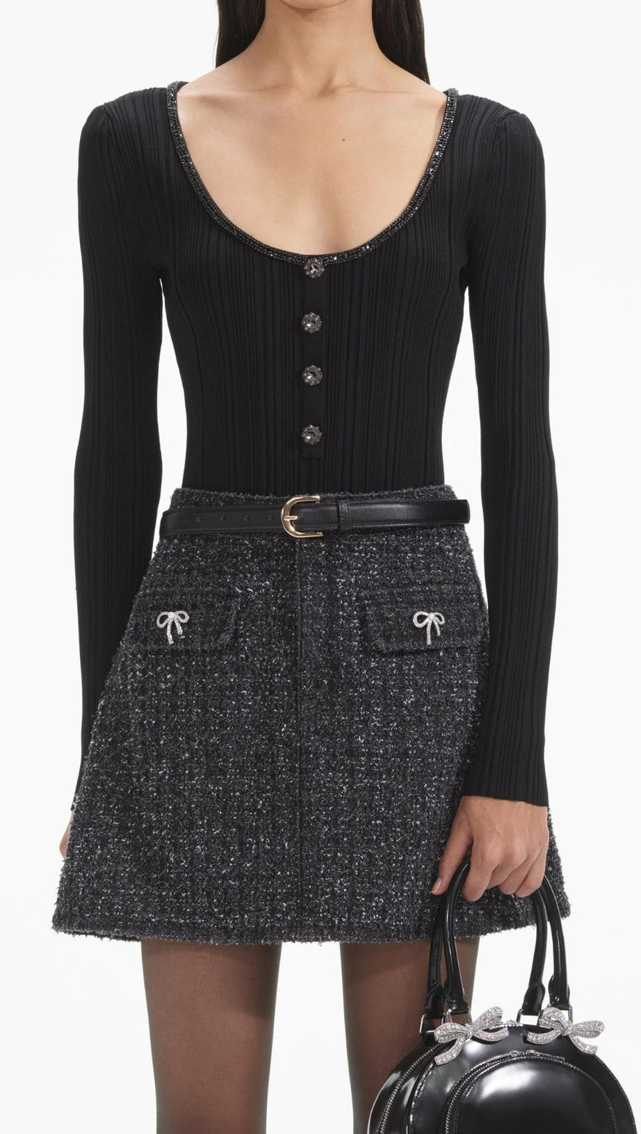 BLACK TEXTURED DENIM MINI SKIRT