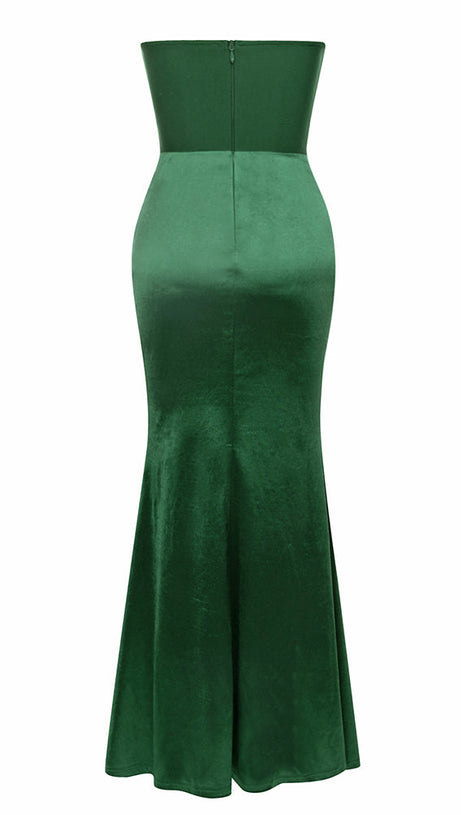 HARRIET GREEN RUCHED BODYCON STRAPLESS MAXI DRESS