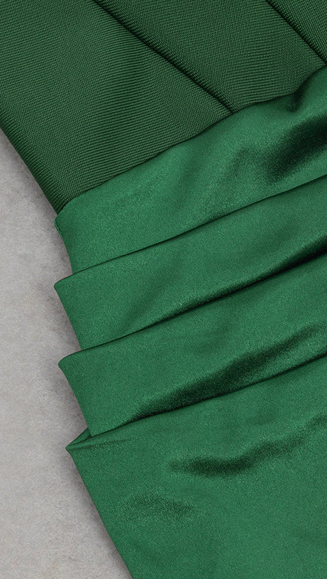 HARRIET GREEN RUCHED BODYCON STRAPLESS MAXI DRESS