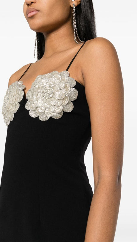 MINI ABITO NERO CON APPLICAZIONI FLOREALI E CRISTALLI