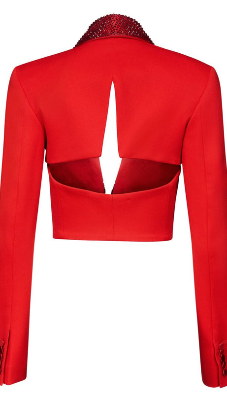 CRYSTAL-EMBELLISHED RED CROPPED BLAZER SET