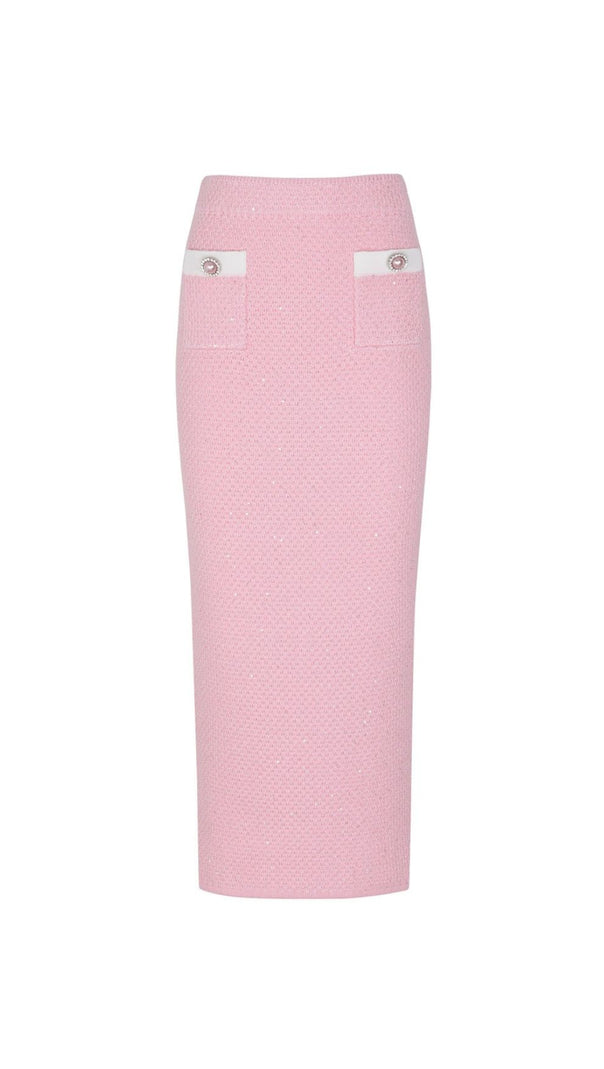 AIIZIE Chic Pink Sequin Knit Cardigan & Midi Skirt Set - product image