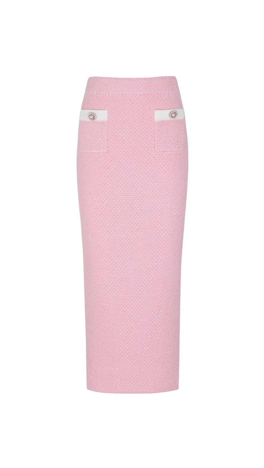 Chic Pink Sequin Knit Cardigan & Midi Skirt Set