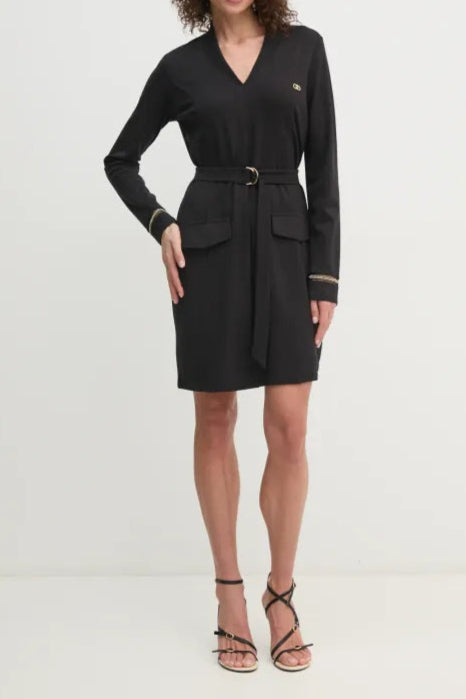 Geripptes Minikleid mit V-Ausschnitt in Schwarz