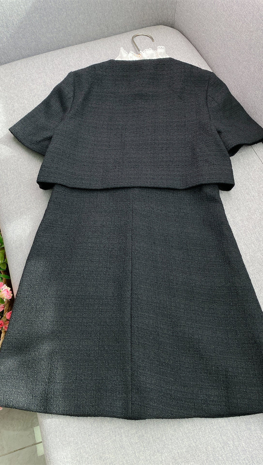 Elegant Black Tweed-Style Mini Dress | Removable Lace Collar & Gold Buttons