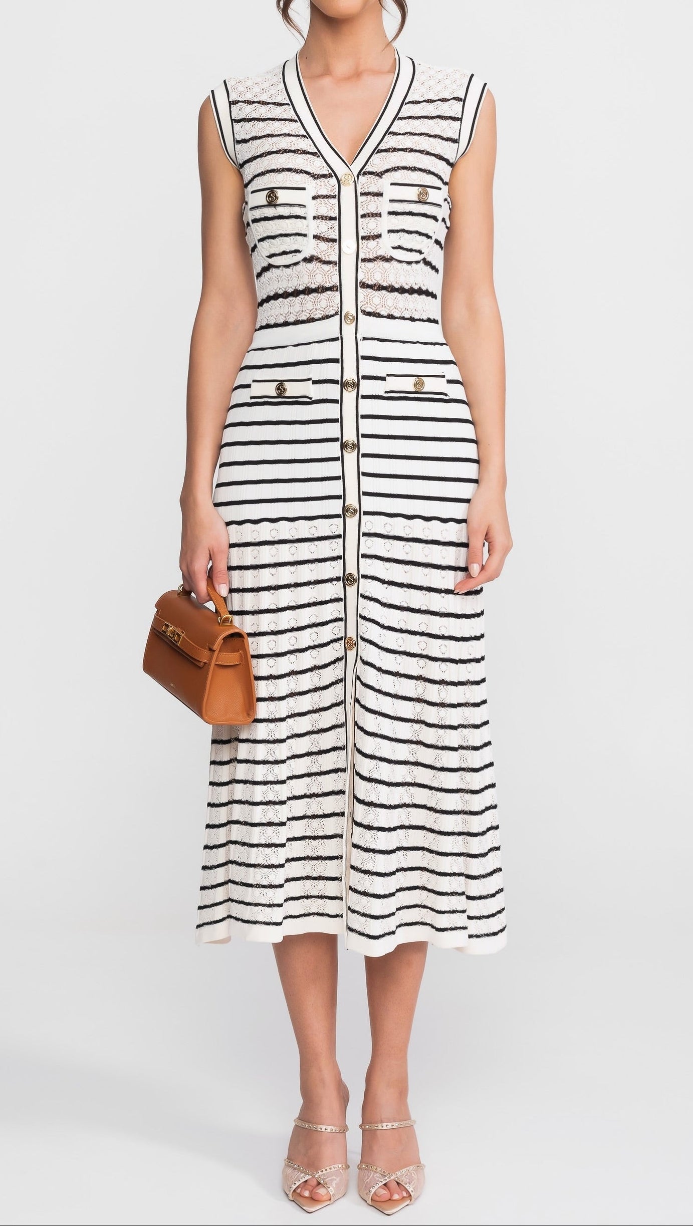 Striped Sleeveless Knit Midi Dress With V-Neck And Gold Buttons - White/Black