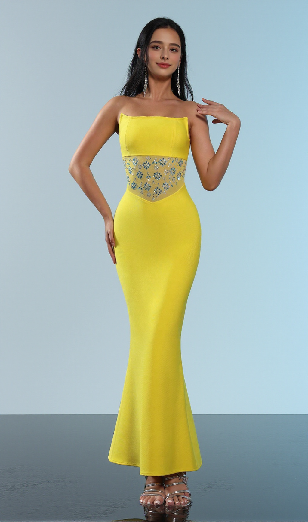 MESH SPLICE RHINESTONE DECOR YELLOW MAXI BANDAGE DRESS