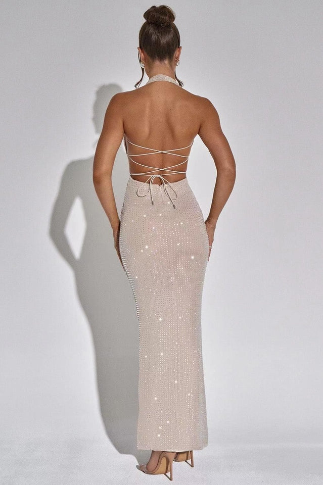 HALTER MAXI DRESS IN NUDE