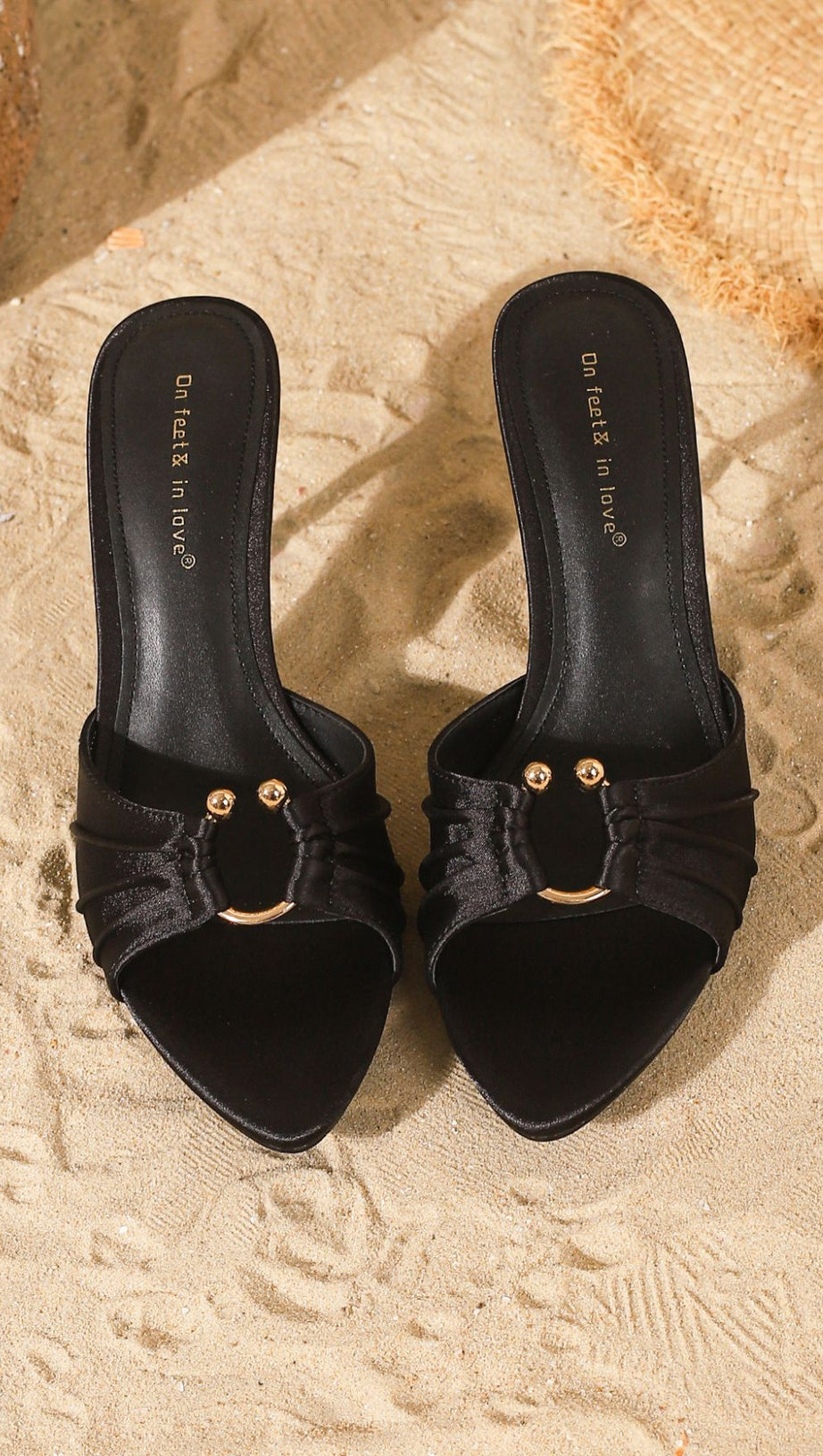 HAYDN BLACK POINTED-TOE MULES | CHIC SATIN SLIDES WITH GOLD ACCENT - ON FEET & IN LOVE®