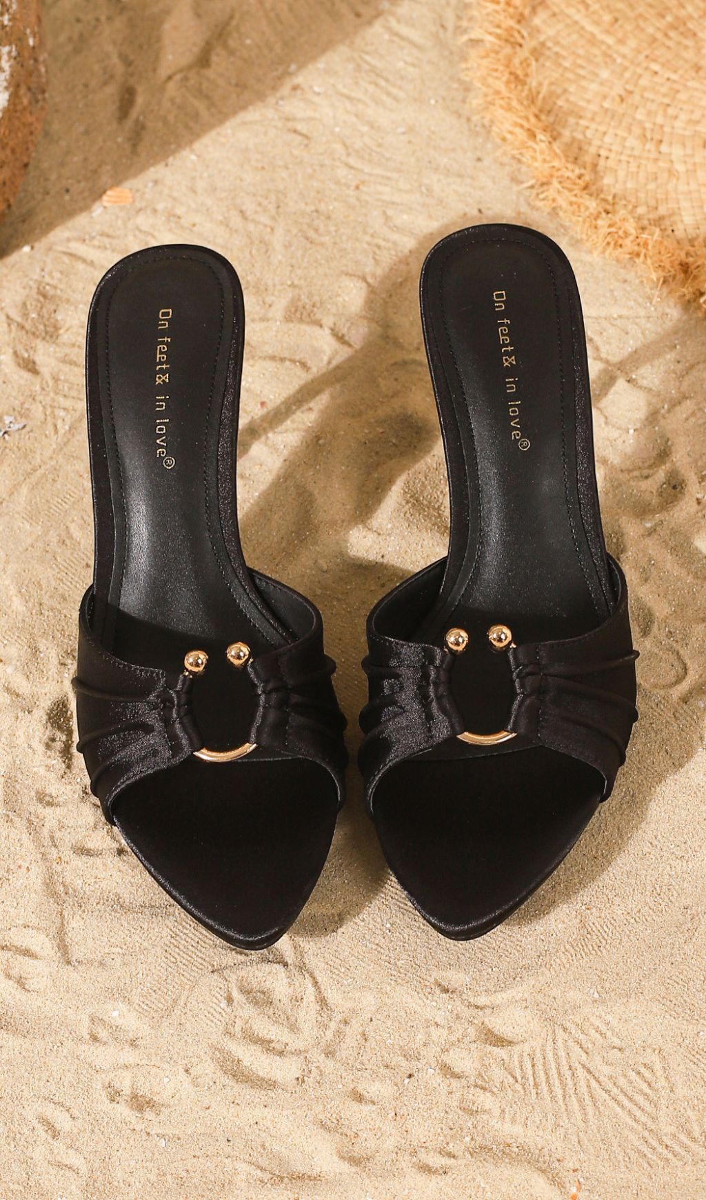 HAYDN BLACK POINTED-TOE MULES | CHIC SATIN SLIDES WITH GOLD ACCENT - ON FEET & IN LOVE®